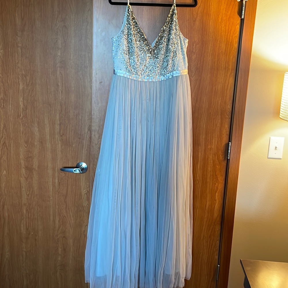 BHLDN Silver and Blue Sequin Gown